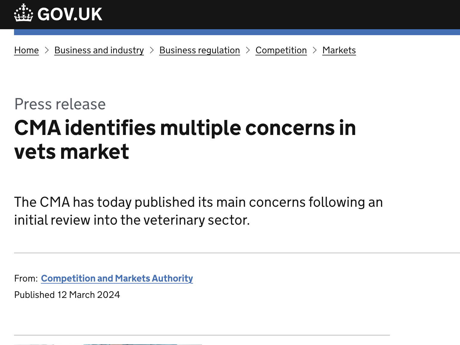 The CMA Initial Report in to the Veterinary Sector